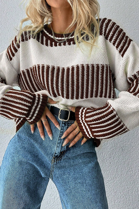 Brown Two Tone Striped Patchwork Drop Shoulder Sweater