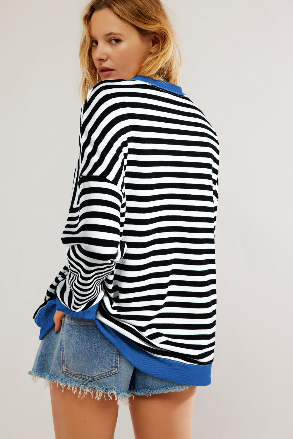 White Striped Contrast Trim Drop Shoulder Sweatshirt