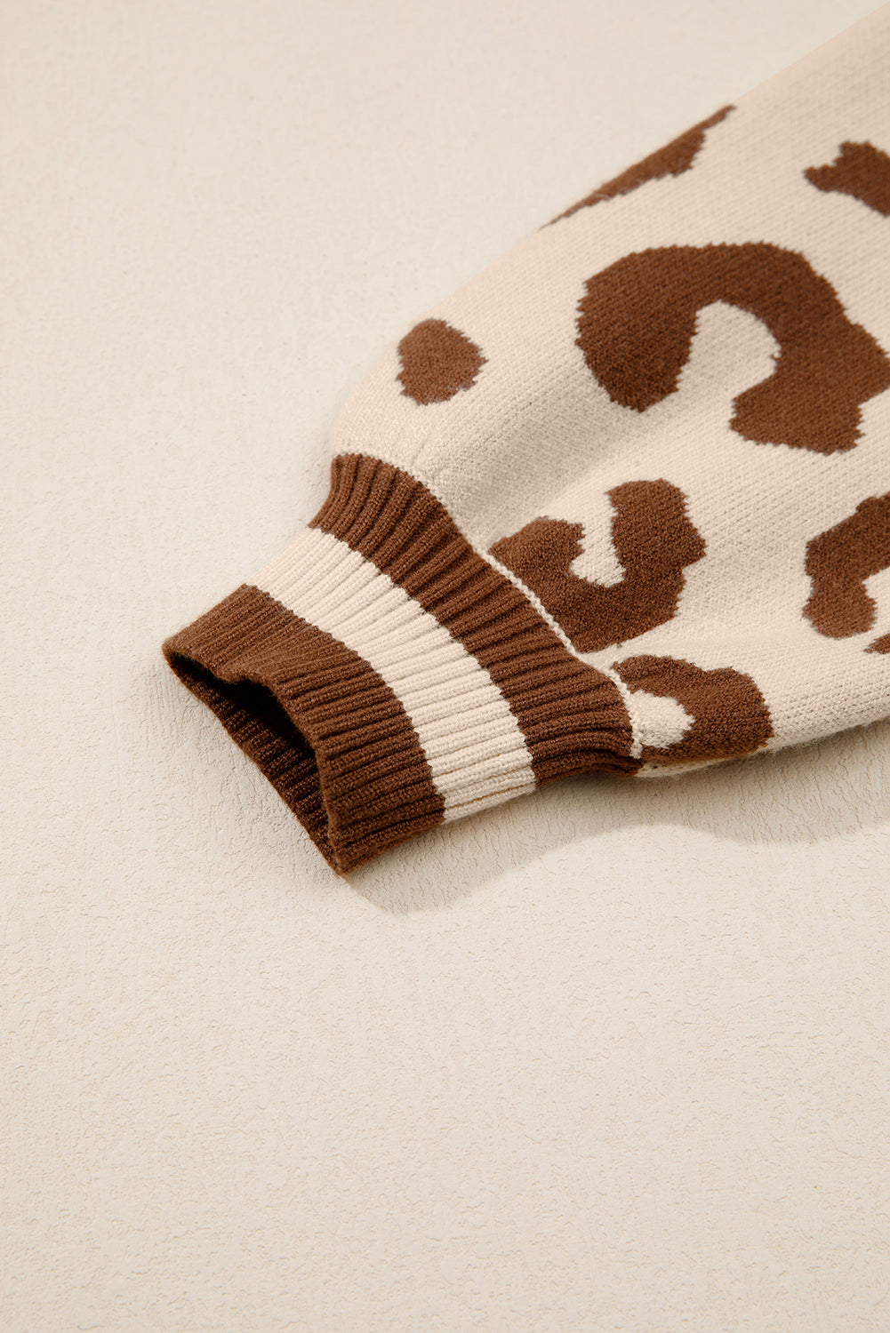 Light French Beige Leopard Printed Knit V Neck Sweater