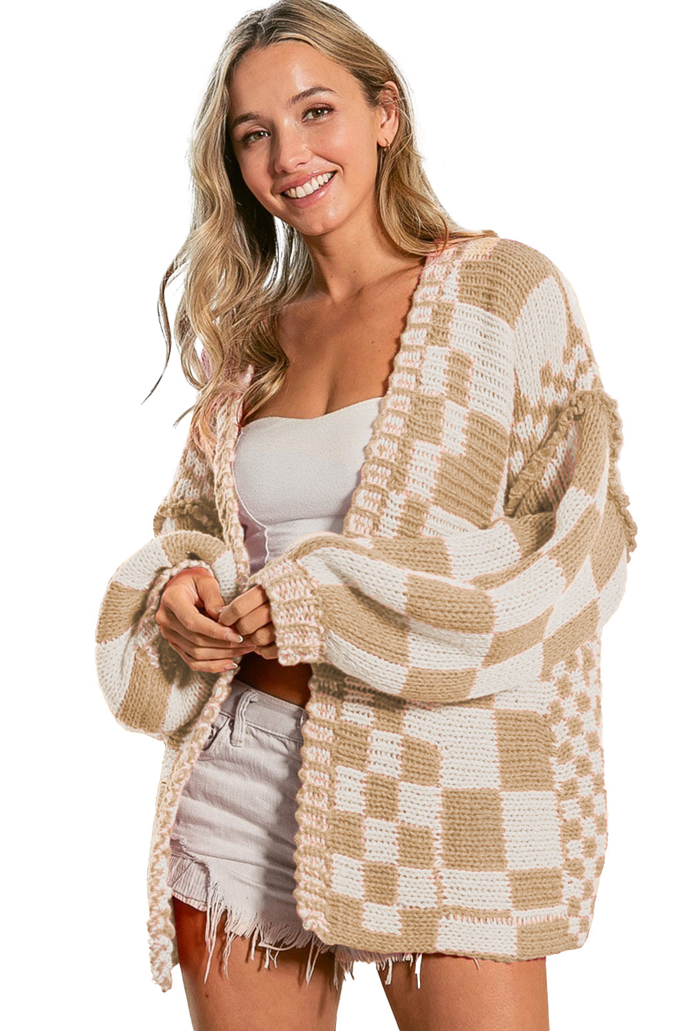 Smoke Gray Colorblock Checked Open Front Knitted Cardigan