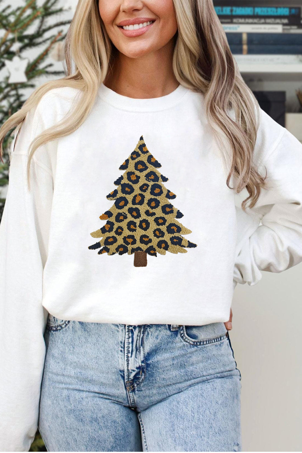 White Leopard Christmas Tree Terry Flocking Round Neck Sweatshirt