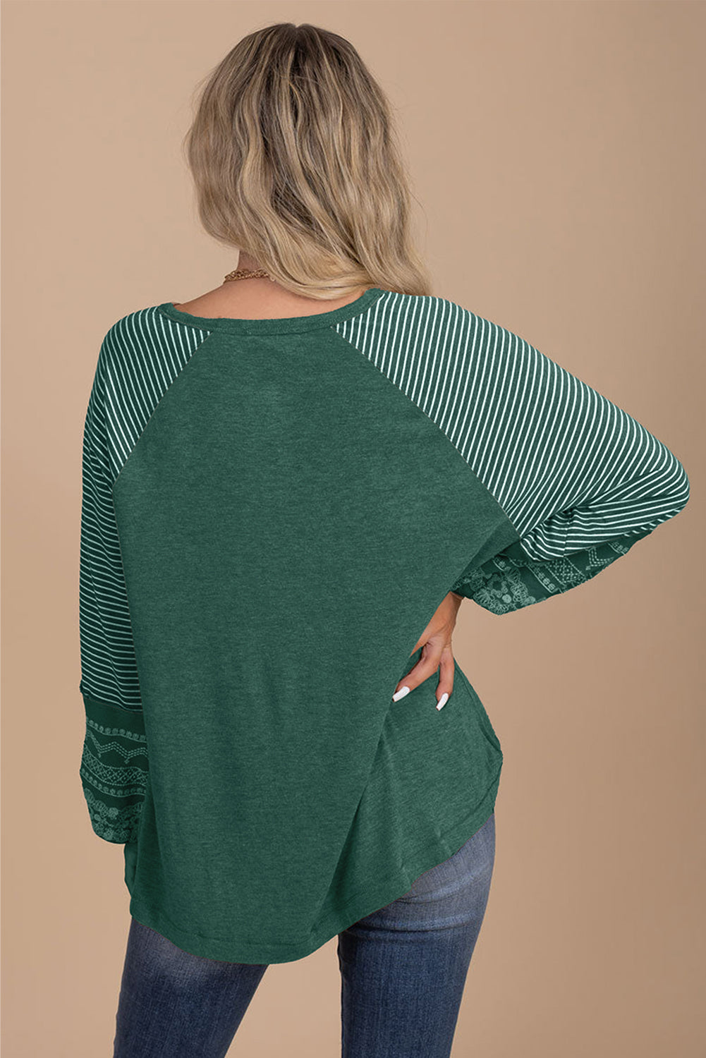 Brown Contrast Print Striped Raglan Long Sleeve Loose Top