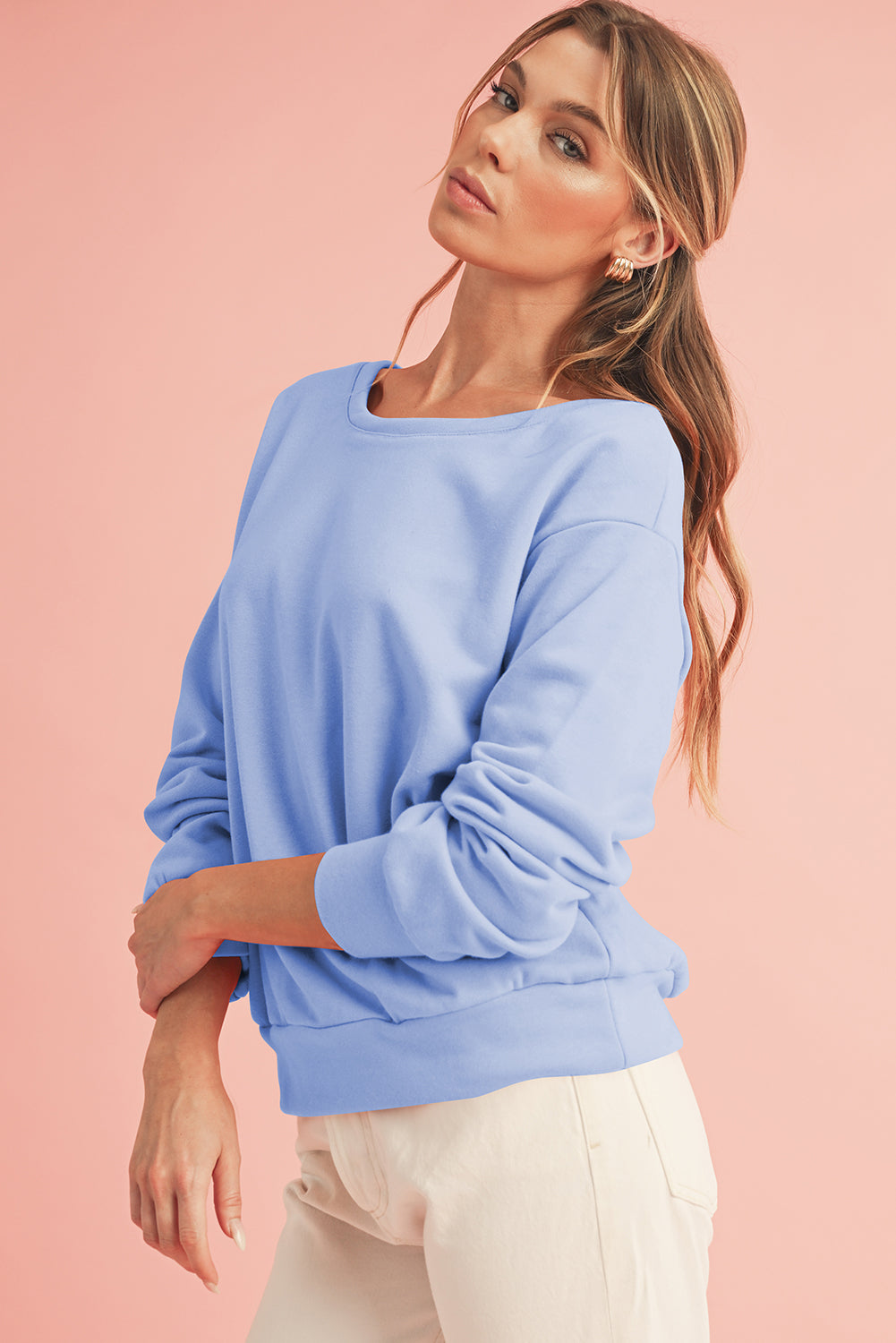 Apricot Bowknot Plain Round Neck Sweatshirt
