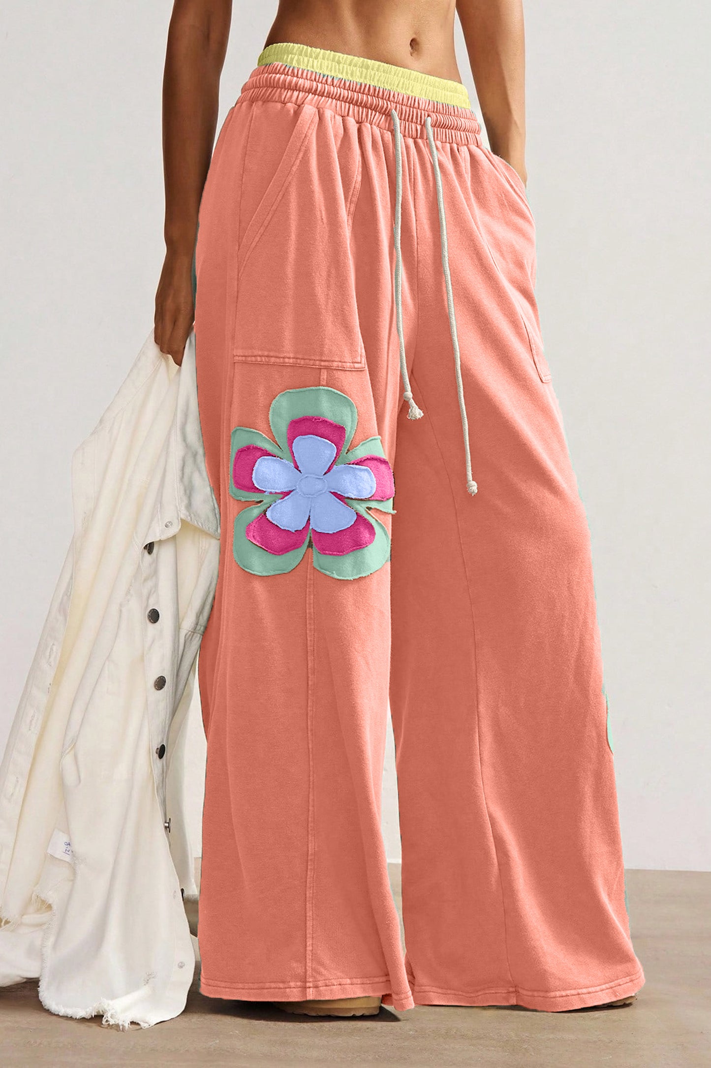 Block Flower Patchwork Drawstring Contrasted Elastic Waist Wide Leg Pants