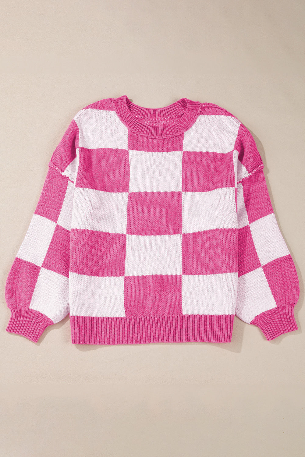 Pink Checked Bishop Sleeve Pullover Sweater