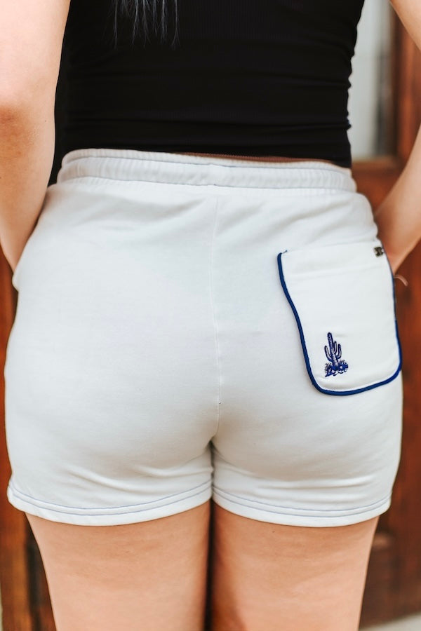 White Blue Cactus Embroidered Drawstring Shorts