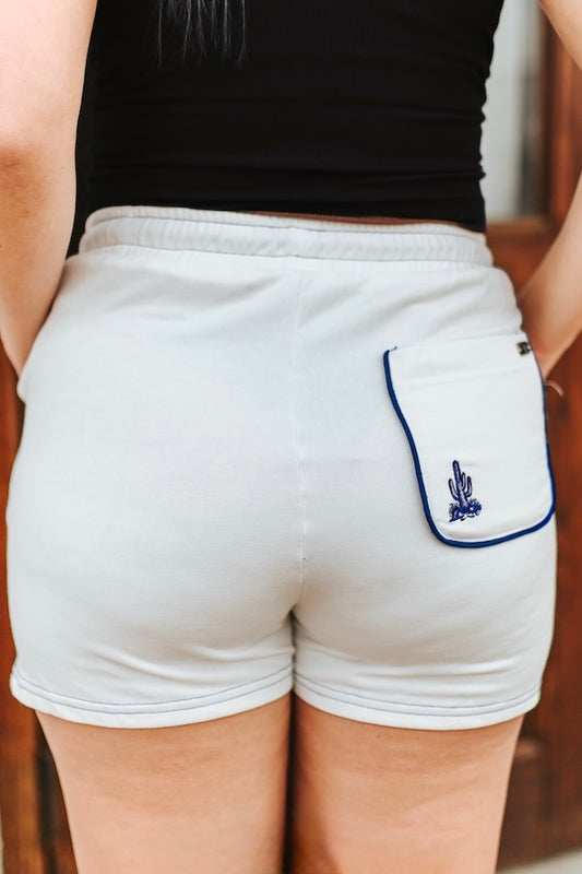 White Blue Cactus Embroidered Drawstring Shorts