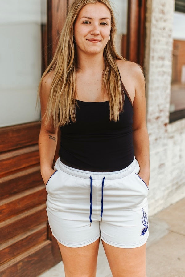 White Blue Cactus Embroidered Drawstring Shorts