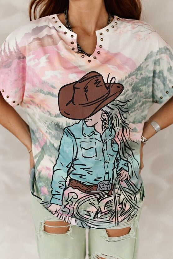 Fuchsia Rodeo Cowgirl Printed Studded Short Sleeve Top