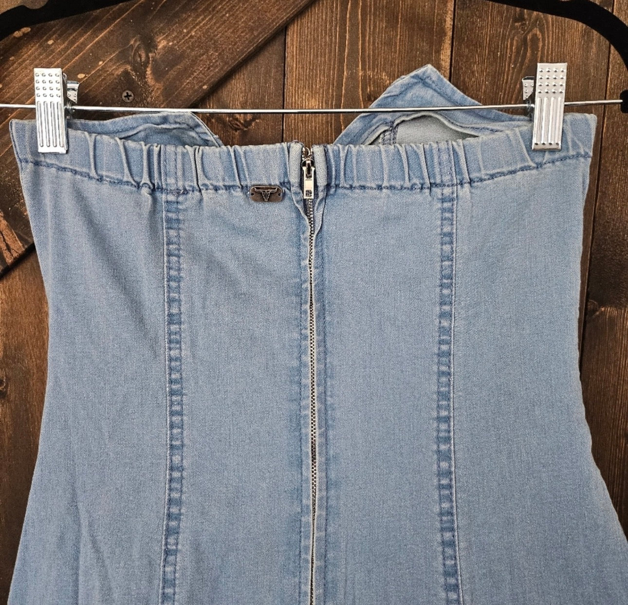 Light Wash Stretch Denim Asymmetric Ruffle Dress