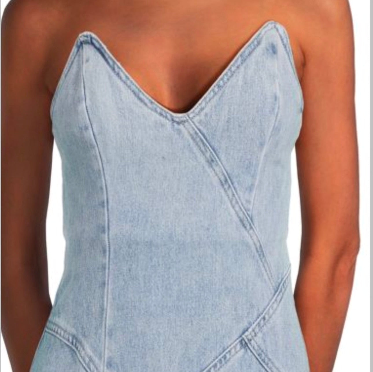 Light Wash Stretch Denim Asymmetric Ruffle Dress