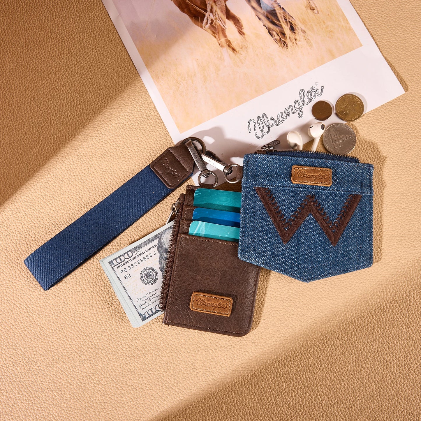 Wrangler logo "W" Embroidered Dual Pouch Wristlet -Coffee