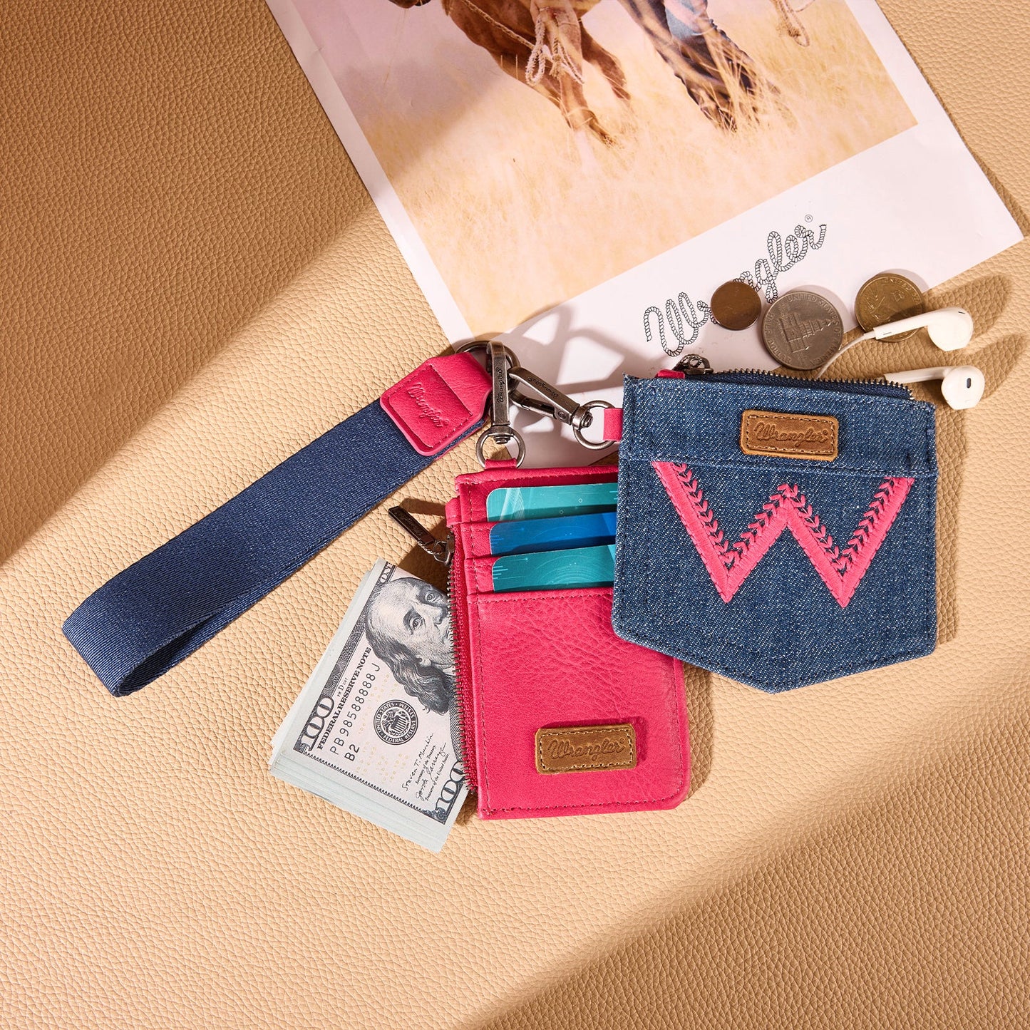 Wrangler logo "W" Embroidered Dual Pouch Wristlet -Hot Pink