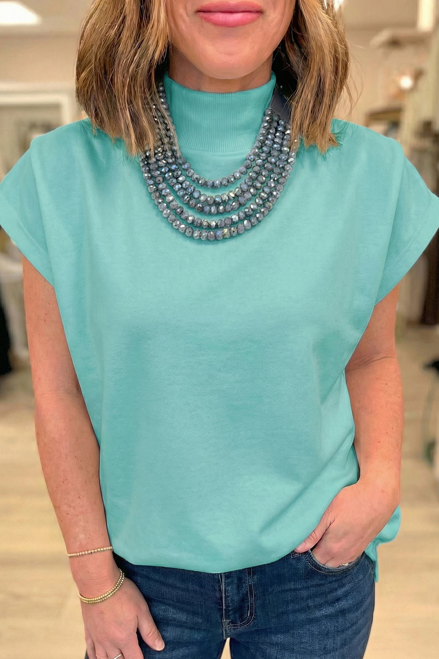 Black Solid Color High Neck Cap Sleeve Loose Top