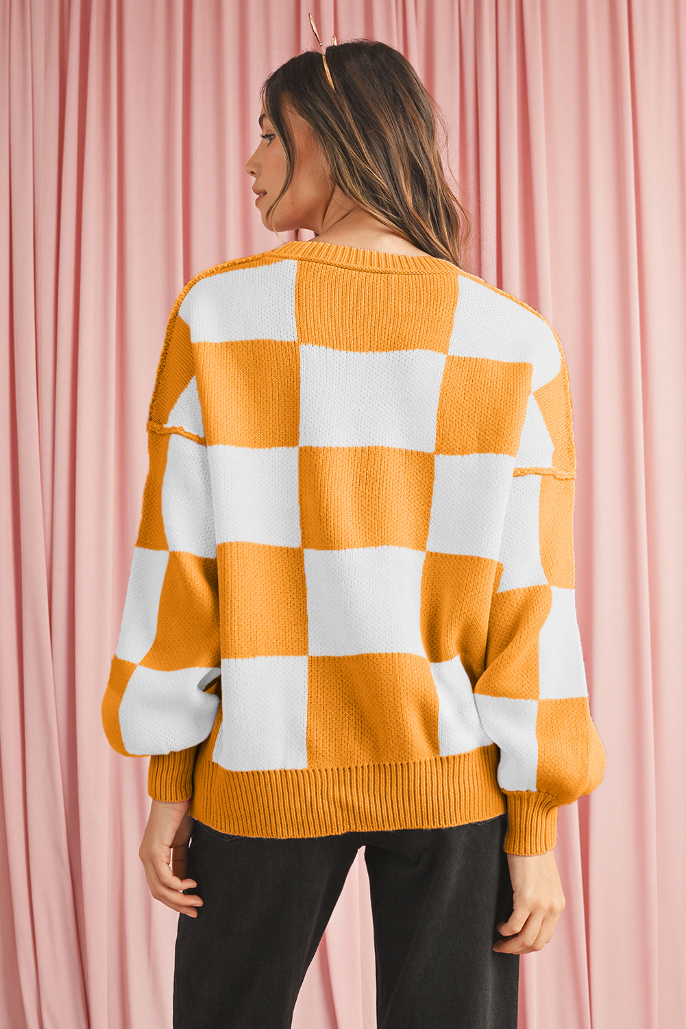Pink Checked Bishop Sleeve Pullover Sweater