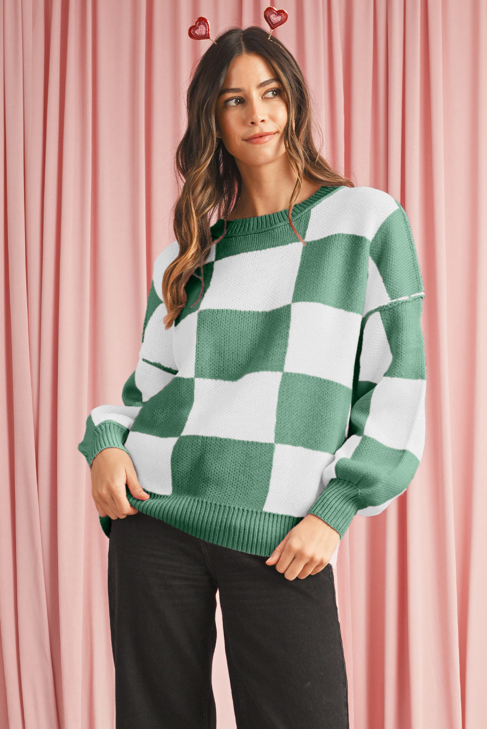 Pink Checked Bishop Sleeve Pullover Sweater