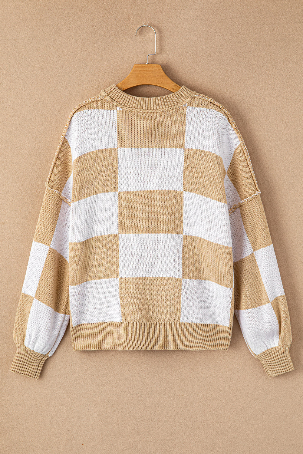 Pink Checked Bishop Sleeve Pullover Sweater