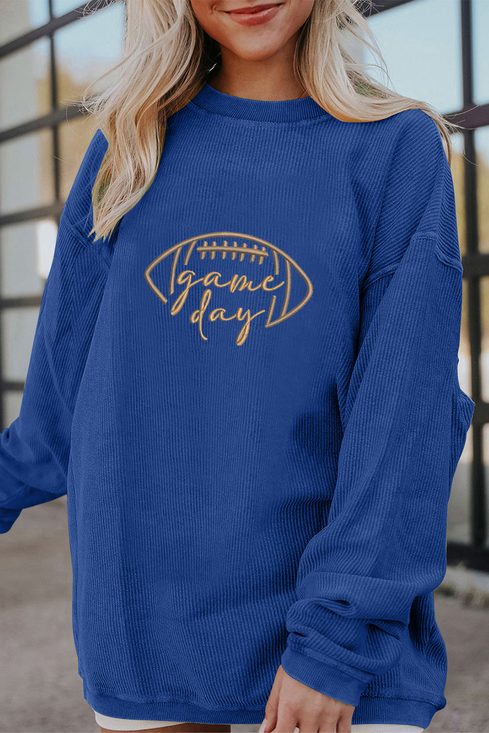 Dark Blue Football Graphic Drop Shoulder Game Day Corded Sweatshirt