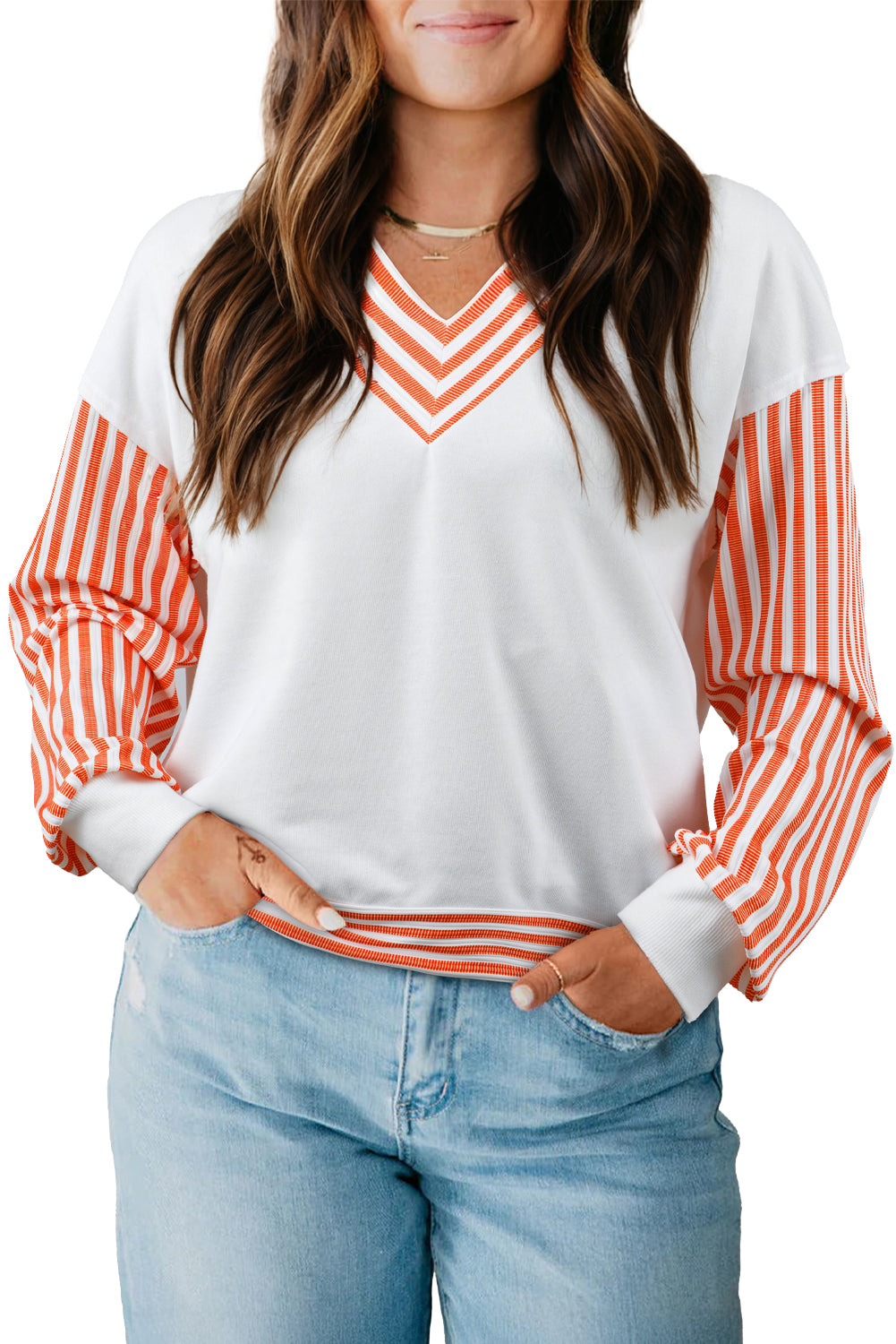 Orange Striped Patchwork Drop Sleeve Pullover Top