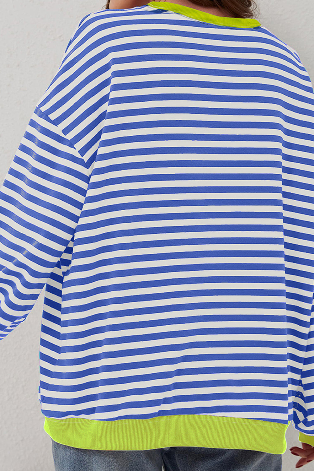 Sky Blue Striped Contrast Trim Drop Shoulder Sweatshirt