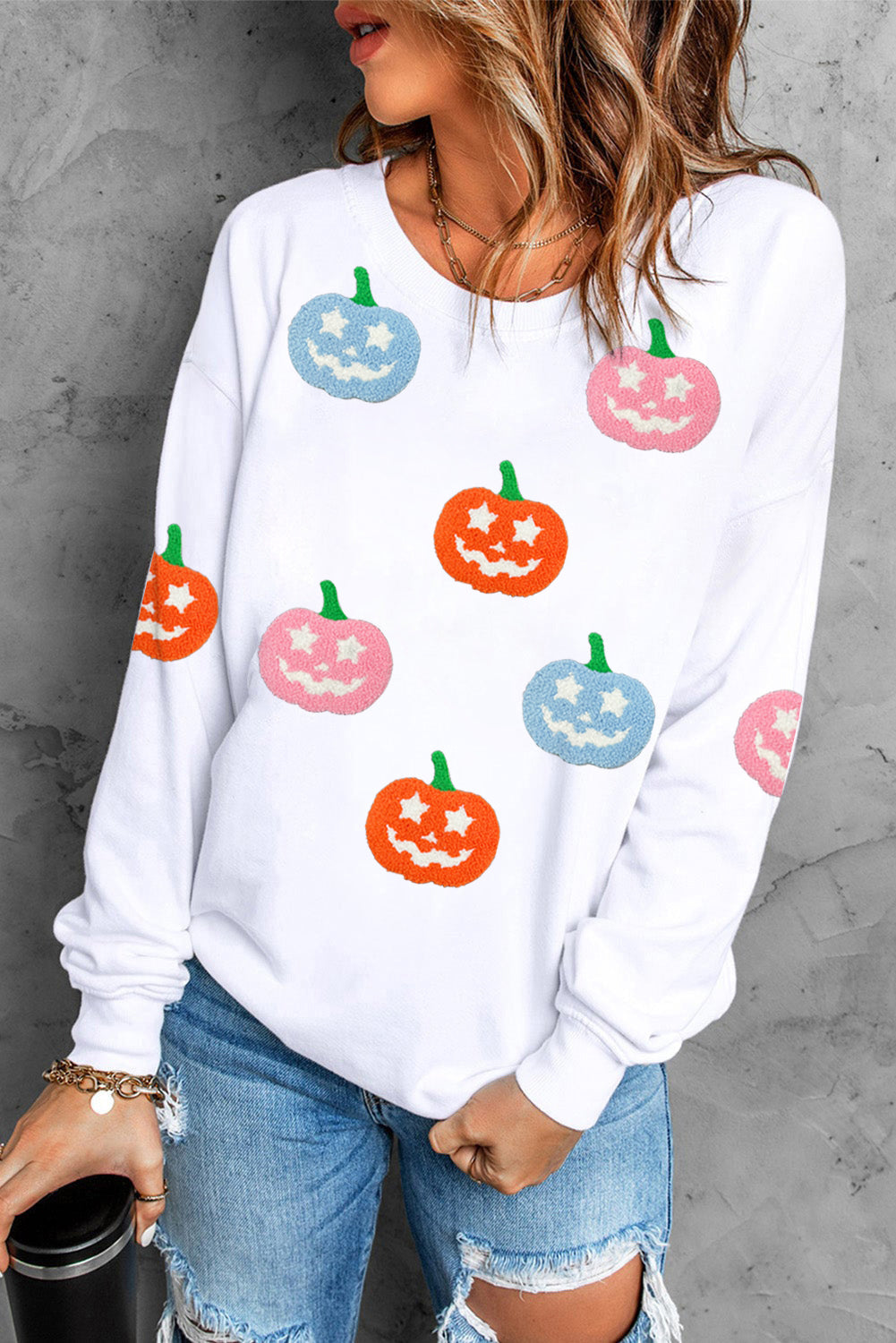 White Cute Halloween Pumpkin Graphic Sweatshirt