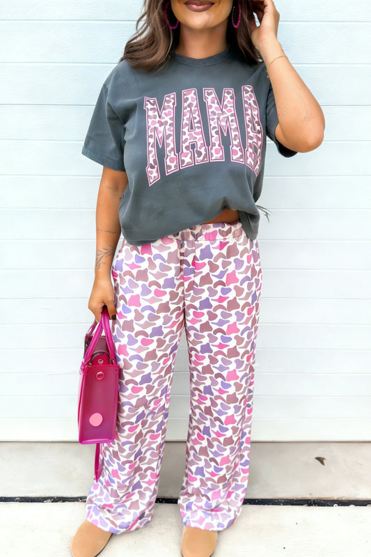 Grey MAMA Letter Graphic Tee Camouflage Print Loose Pant Set