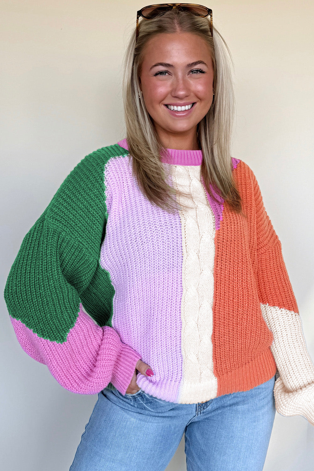 Desert Gold Colorblock Knit Drop Shoulder Loose Fit Sweater