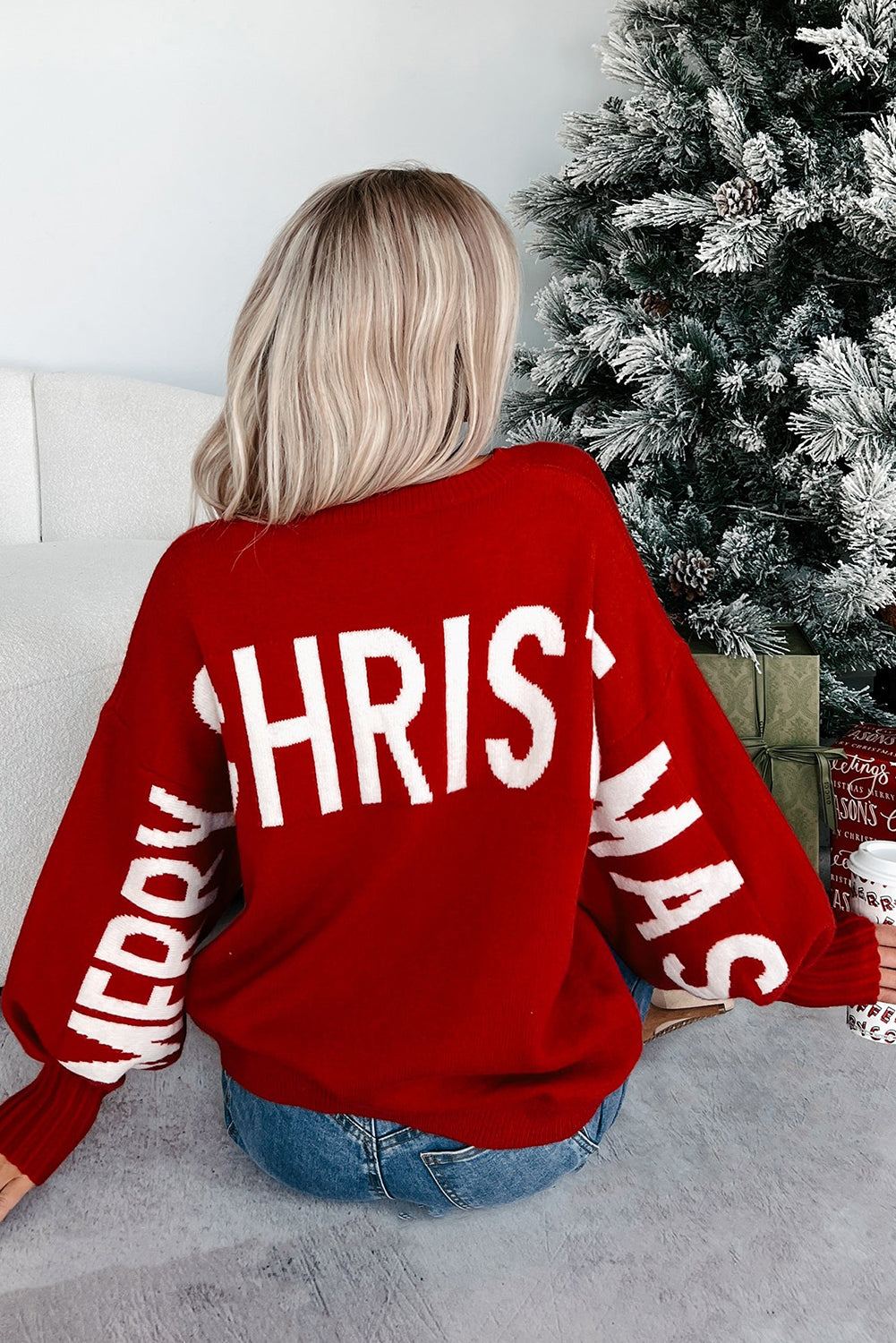 Red MERRY CHRISTMAS HO HO HO Drop Shoulder Loose Sweater