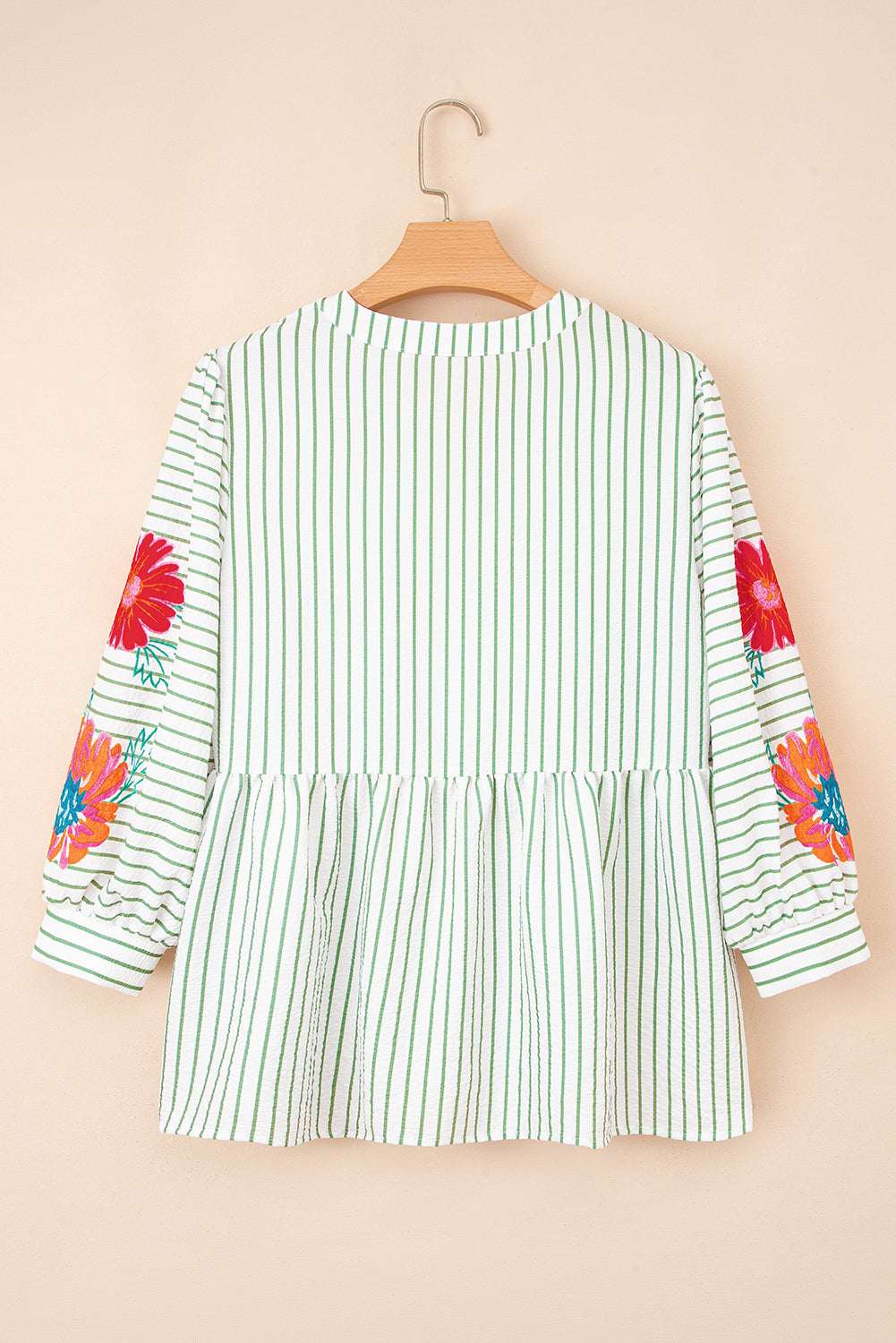 Green Stripe Flower Puff Sleeve Notch Neck Babydoll Blouse