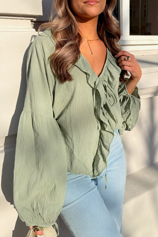 Meadow Mist Green Bow Tie Front Ruffle Trim V Neck Long Sleeve Blouse