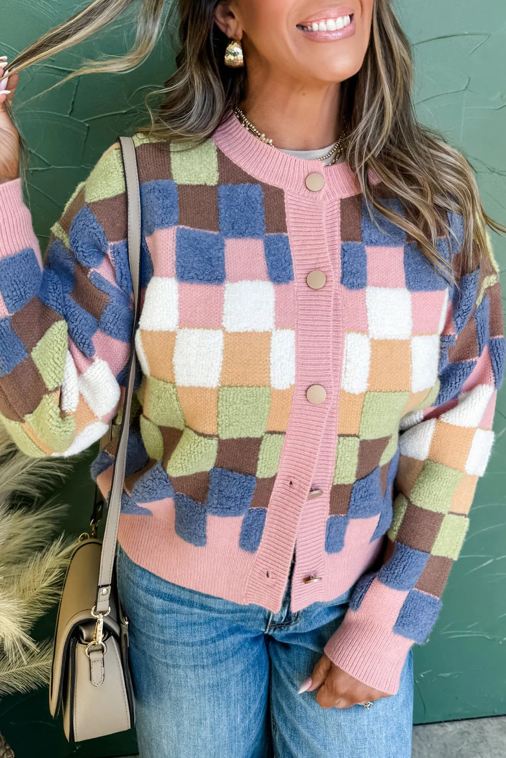 Multicolour Checkered Pattern Button Front Knit Cardigan