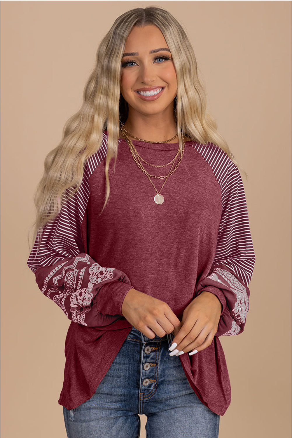 Brown Contrast Print Striped Raglan Long Sleeve Loose Top