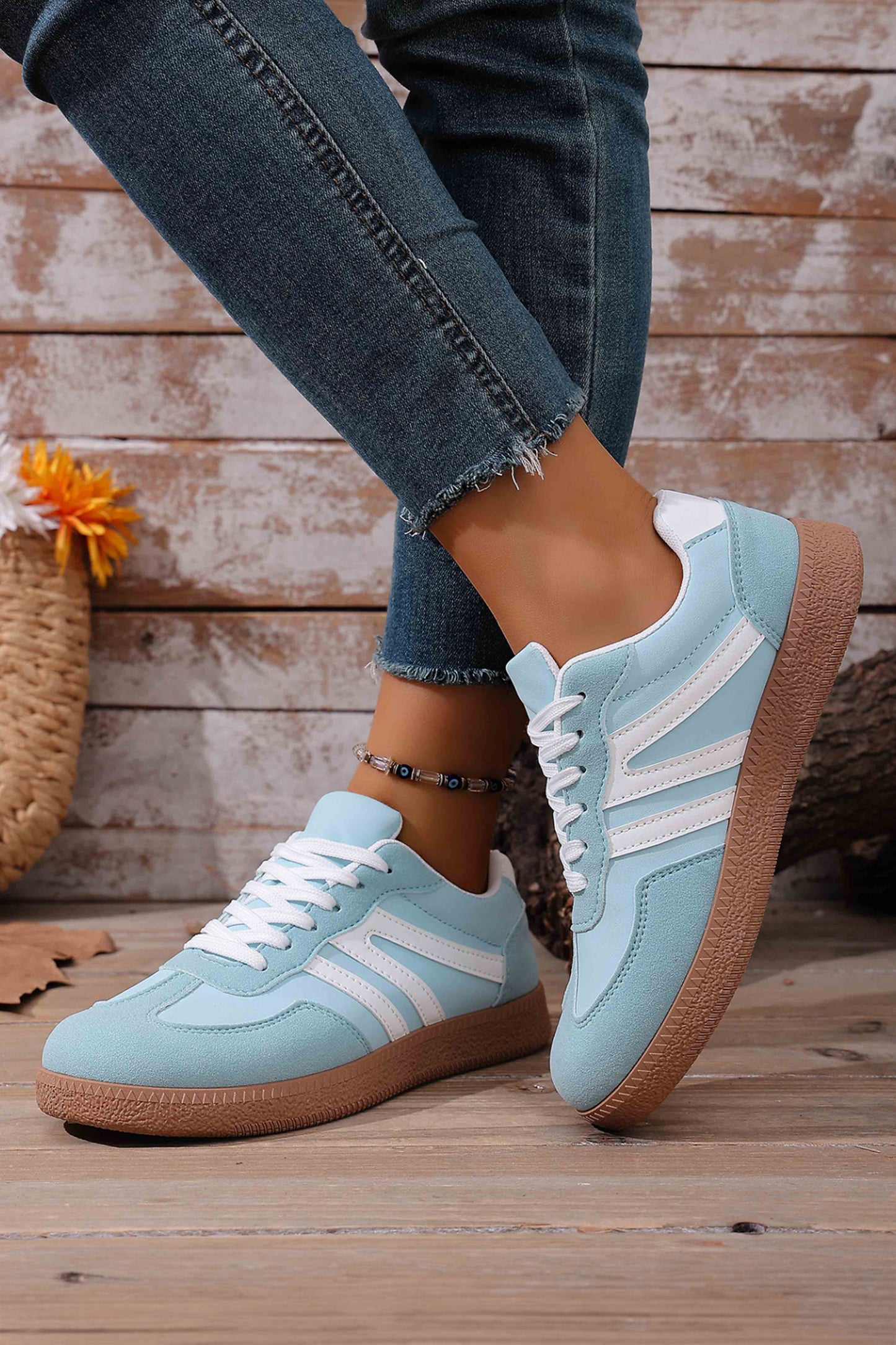 Dusk Blue Faux Suede PU Leather Color Block Patchwork Lace-up Shoes