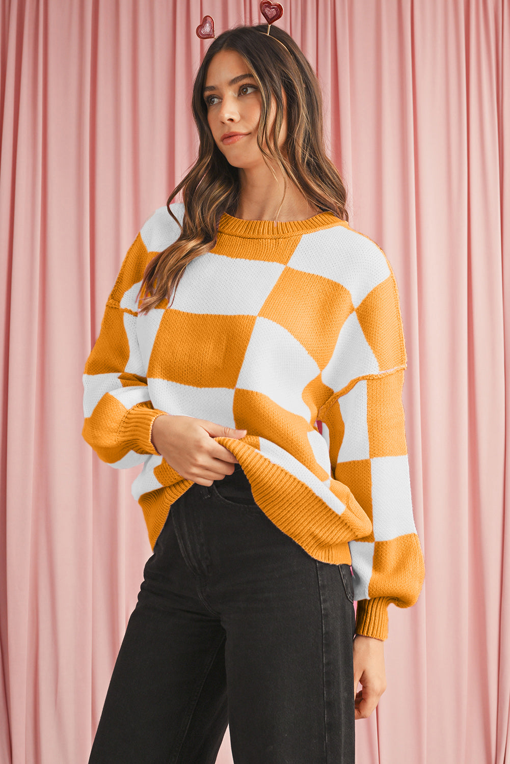 Pink Checked Bishop Sleeve Pullover Sweater