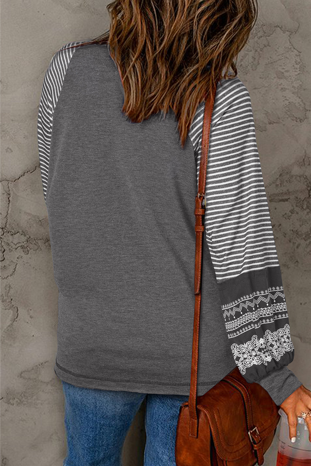 Brown Contrast Print Striped Raglan Long Sleeve Loose Top
