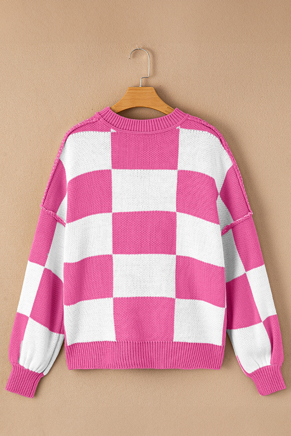 Pink Checked Bishop Sleeve Pullover Sweater