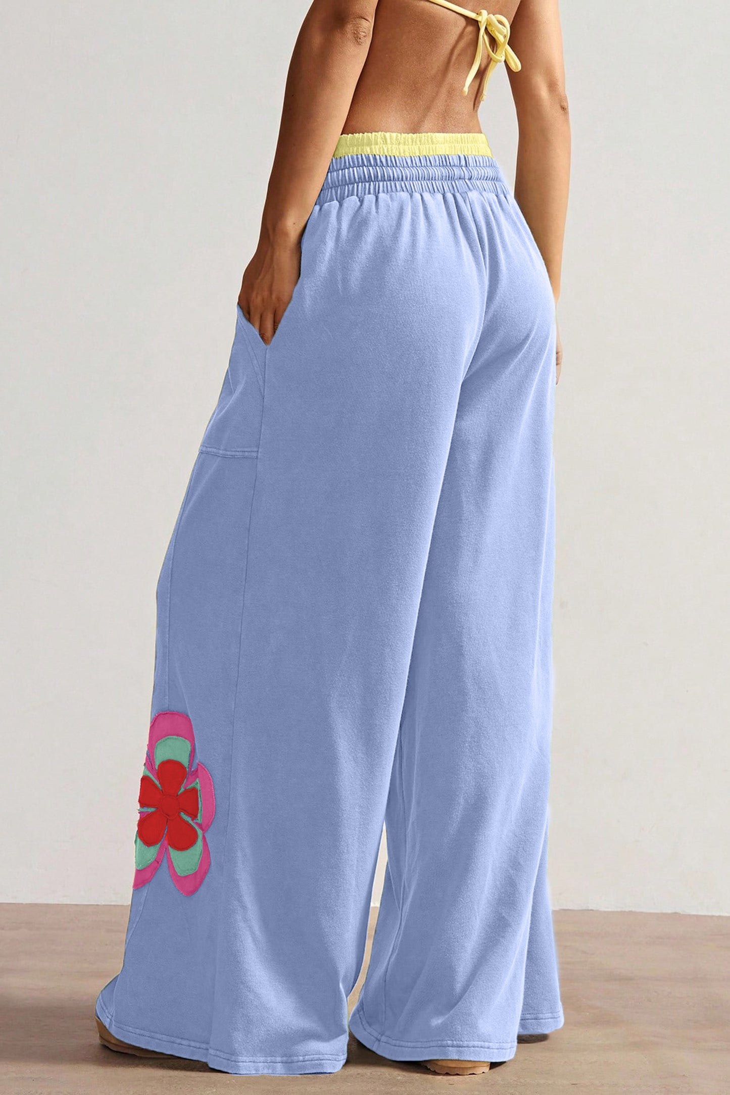 Block Flower Patchwork Drawstring Contrasted Elastic Waist Wide Leg Pants