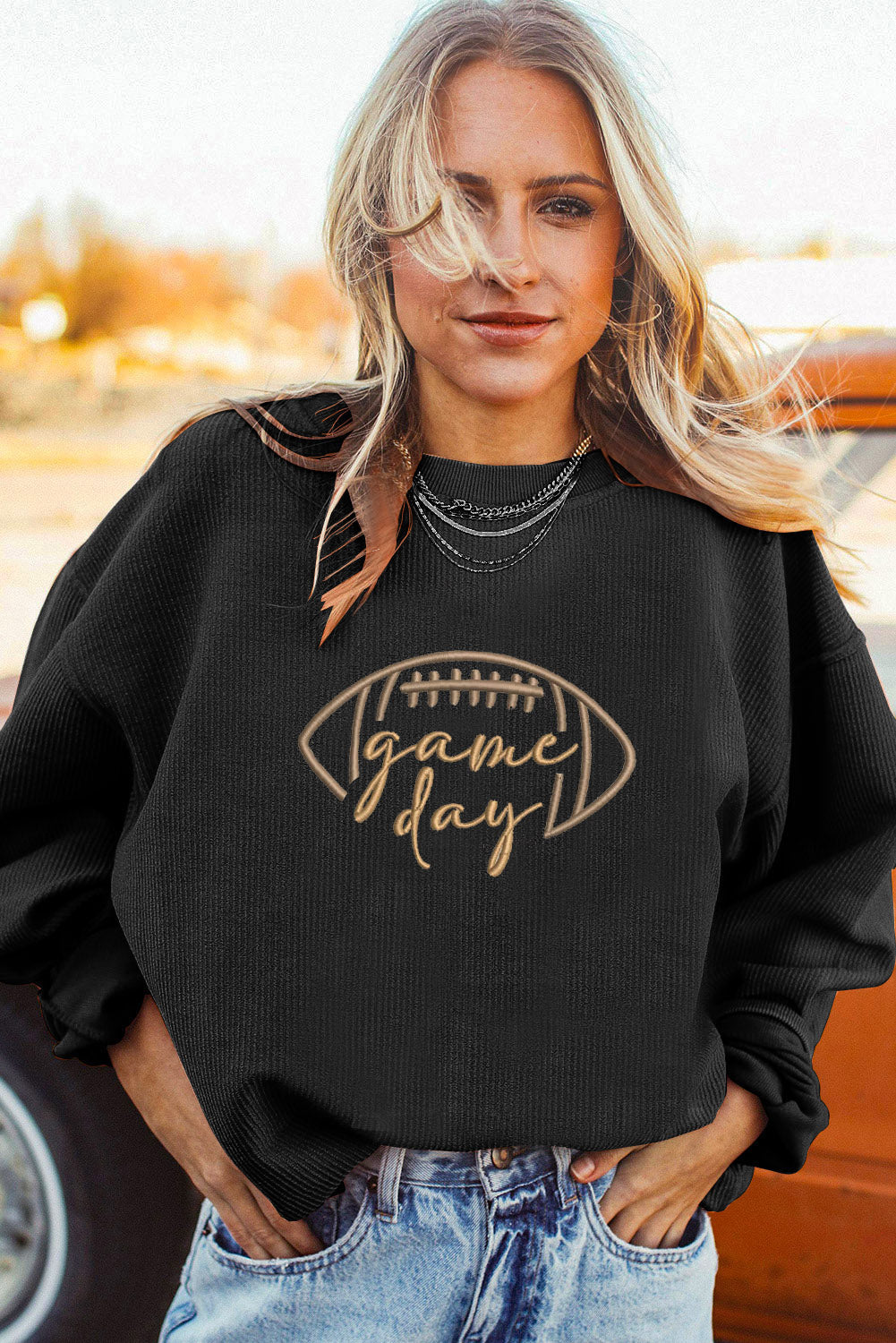 Dark Blue Football Graphic Drop Shoulder Game Day Corded Sweatshirt