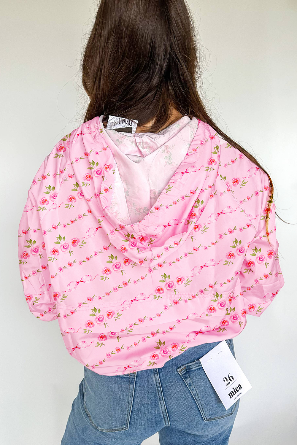 Pink Floral Print Half Zip Kangaroo Pouch Drawstring Hoodie