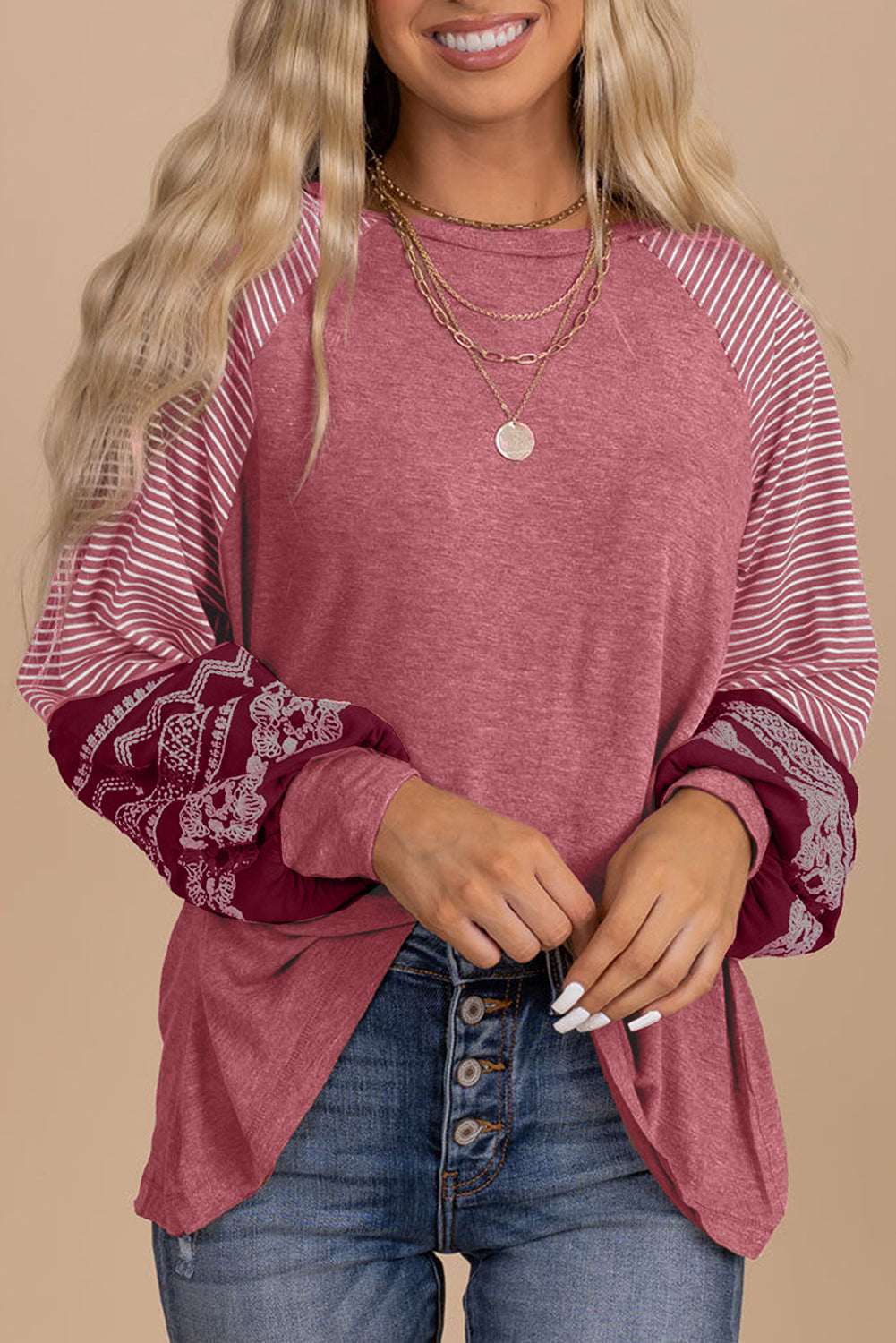 Brown Contrast Print Striped Raglan Long Sleeve Loose Top