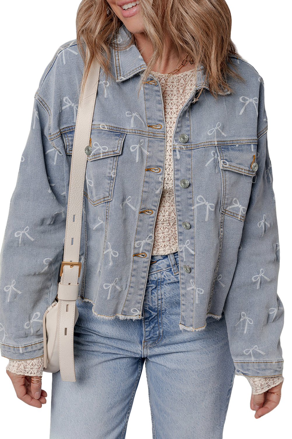 Sky Blue Bow Print Light Wash Raw Hem Denim Jacket