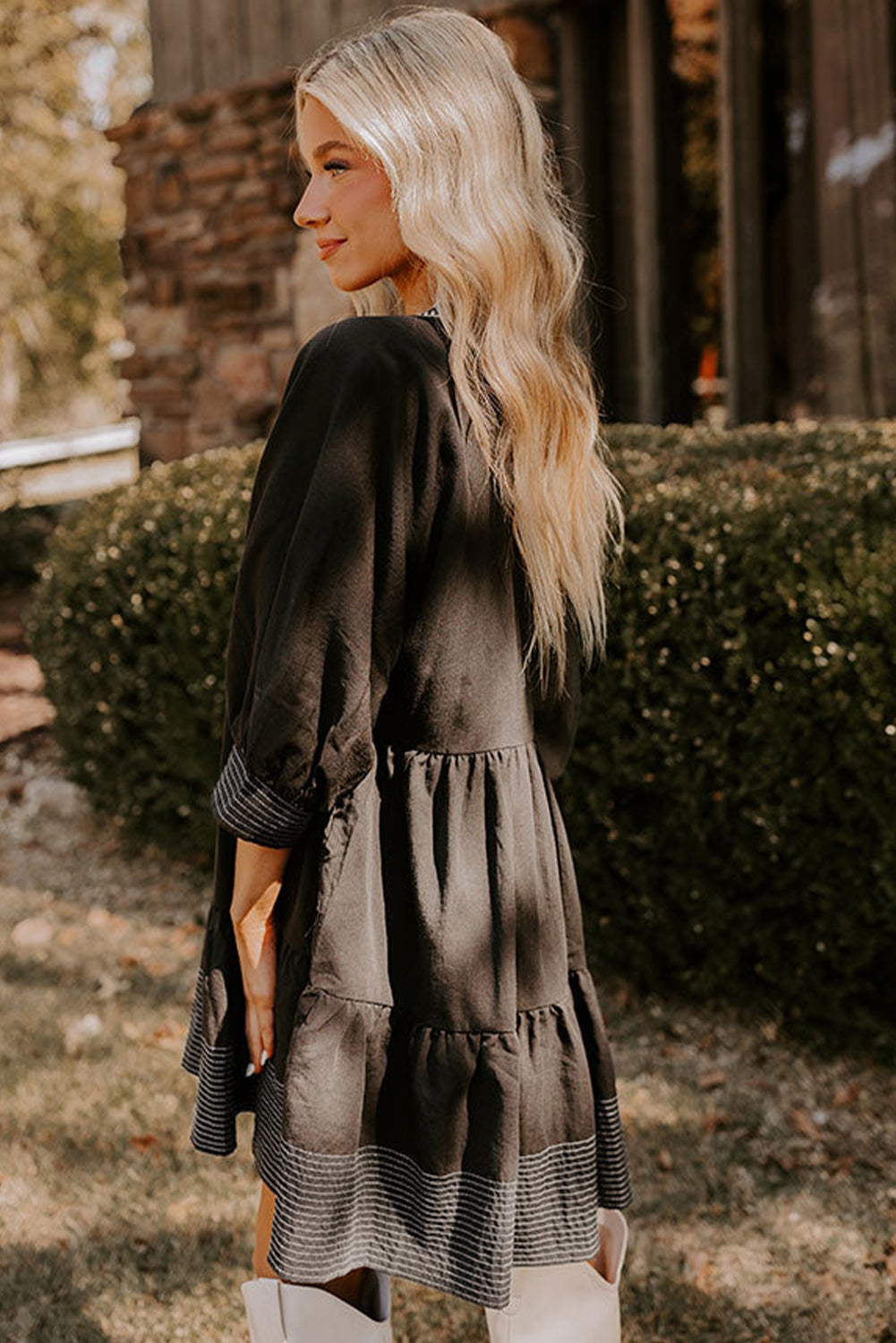 Black Contrast Stitched V Neck 3/4 Sleeve Swing Mini Dress