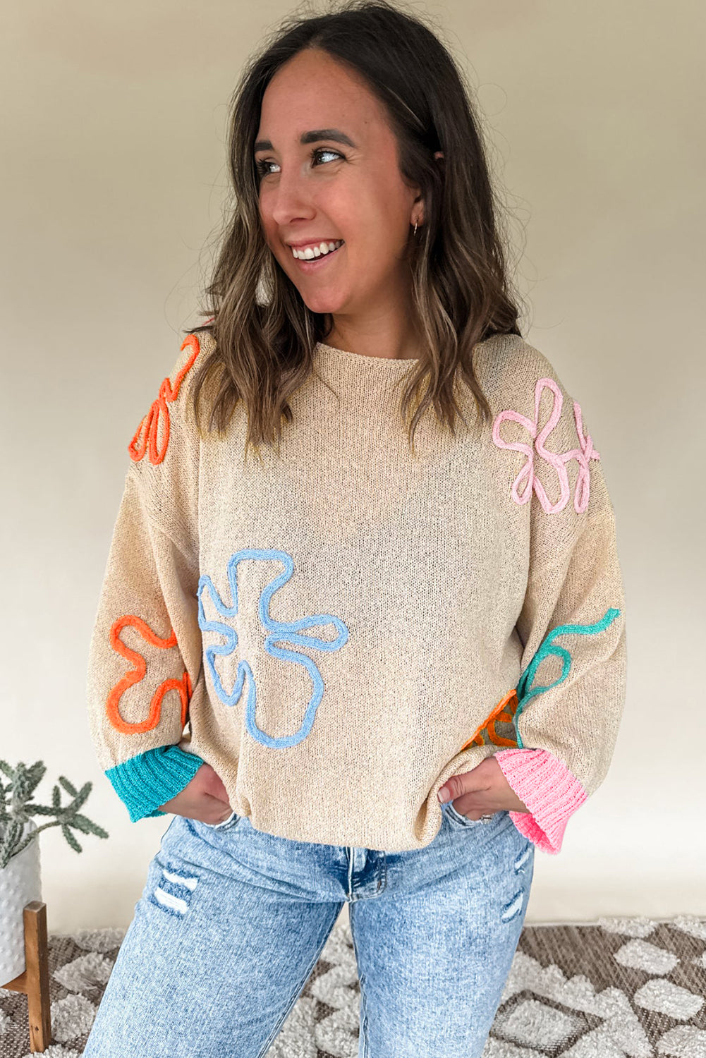 Jet Stream Contrast Flower Detail Colorblock Cuffed Loose Sweater