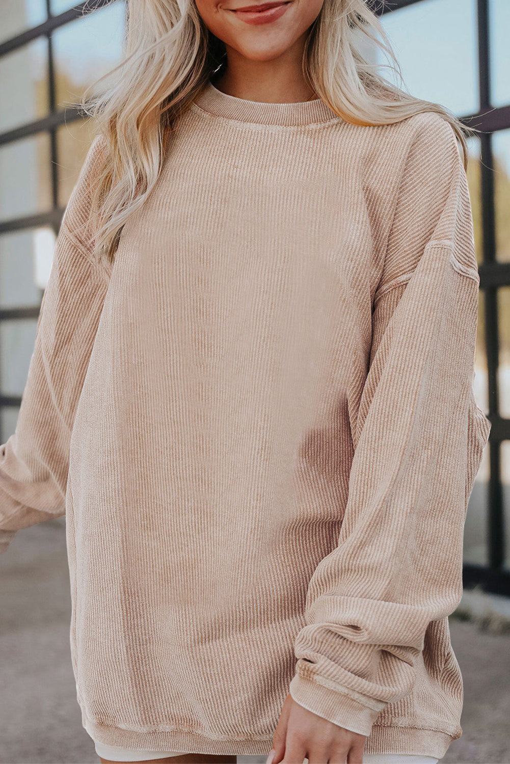 Light Pink Plain Drop Sleeve Crinkle Rib Oversized Sweatshirt