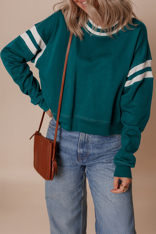 Blackish Green Contrast Striped Patchwork Drop Shoulder Sweatshirt