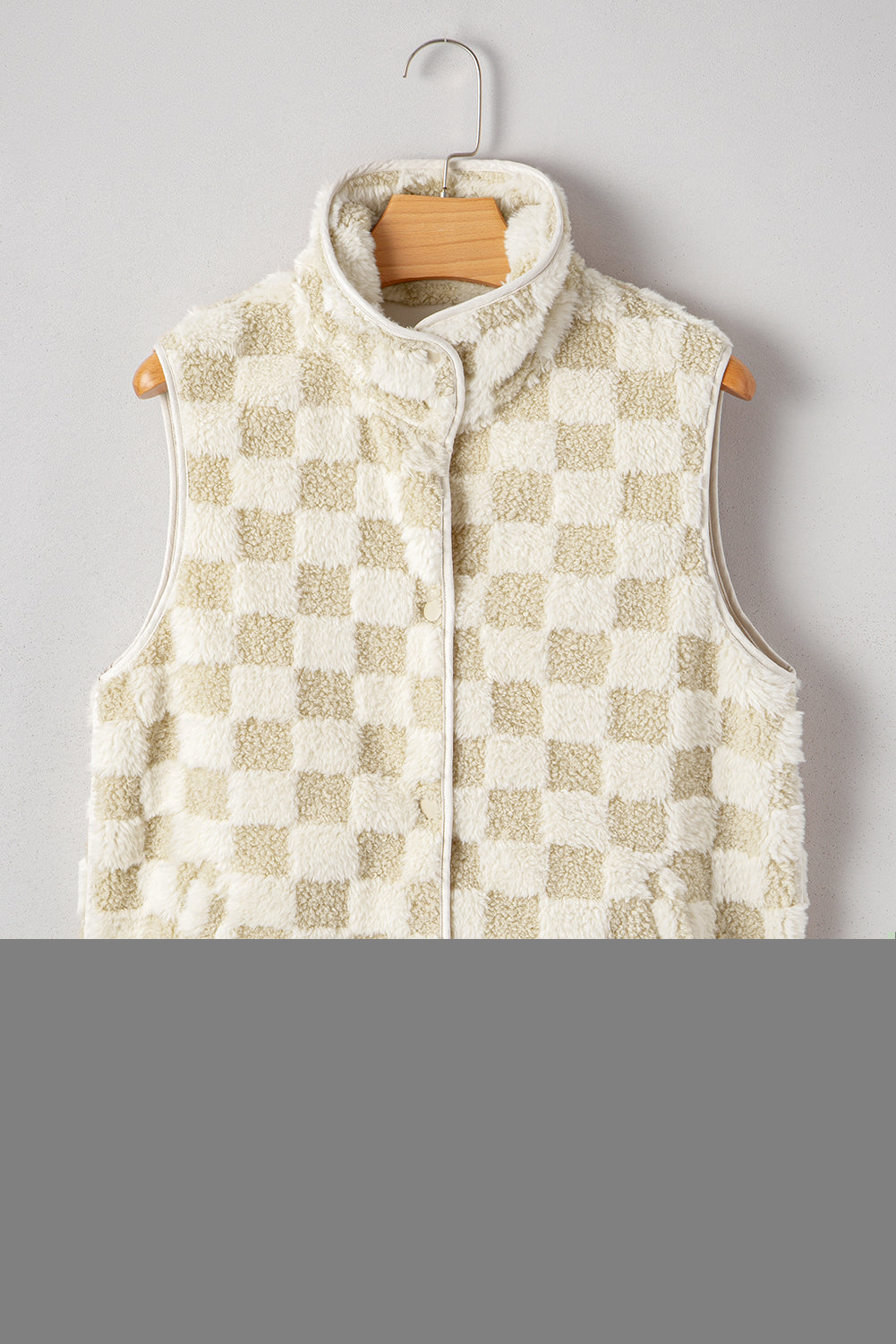 Khaki Sherpa Checkerboard Snap Button Vest Jacket