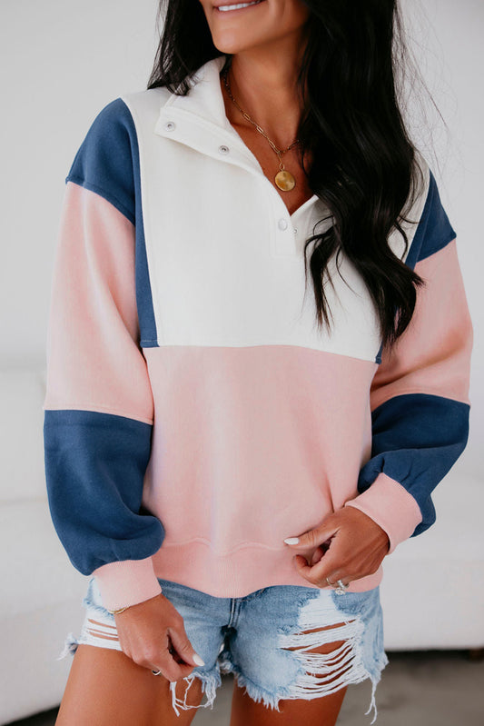 Pink Colorblock Patchwork Half Button Baggy Sweatshirt