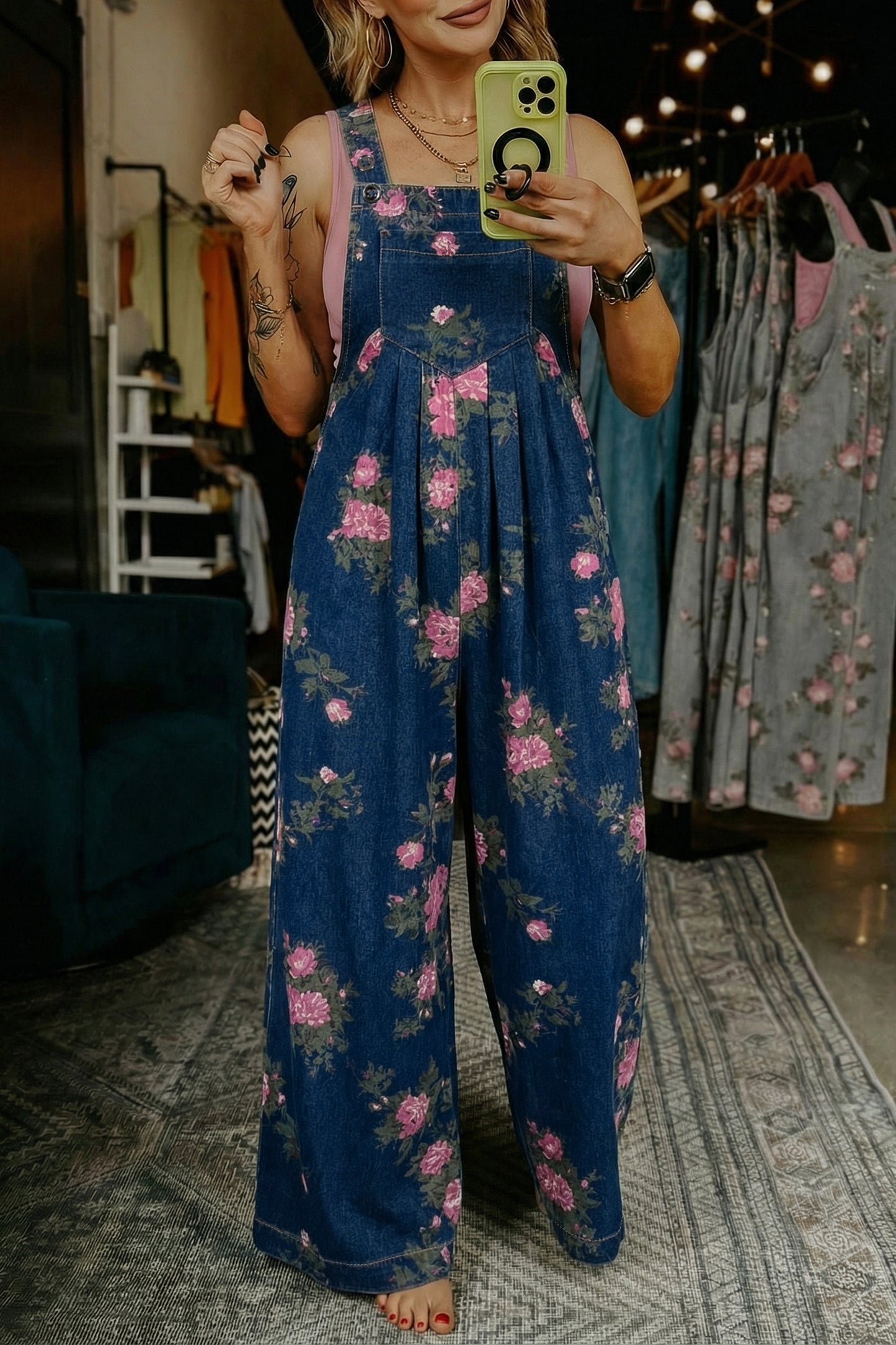 Gray Beau Floral Print Pleated High Waist Wide Leg Denim Jumpsuit