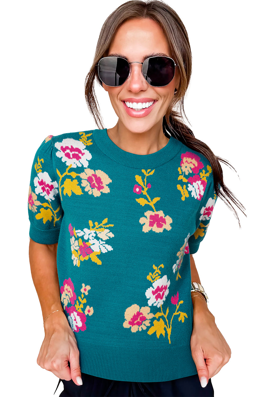 Blue Flower Pattern Short Sleeve Knit Top