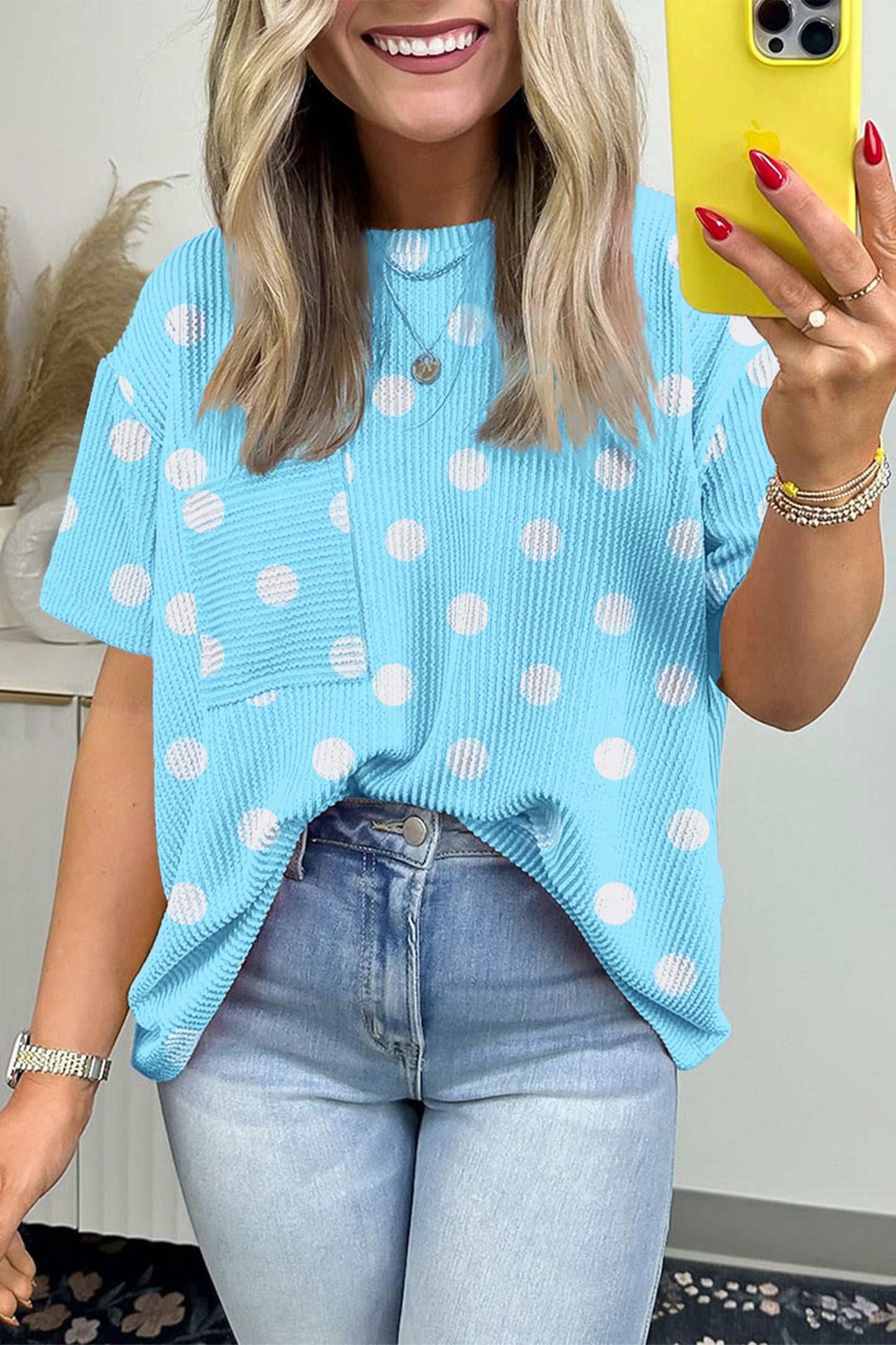 Polka Dot Round Neck Drop Shoulder Patch Pocket Jacquard Texture Top